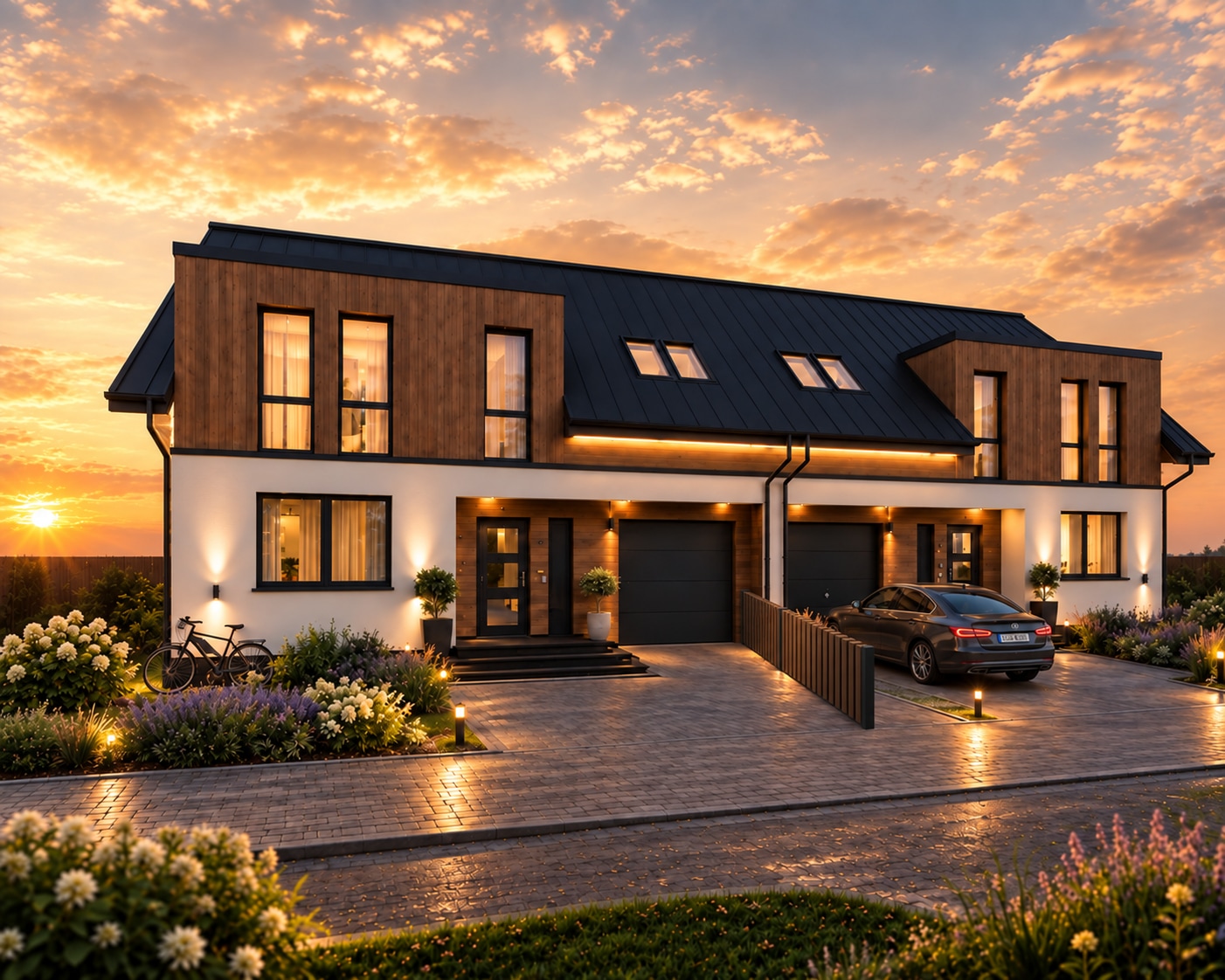 Aura House — front domu w świetle zachodzącego słońca